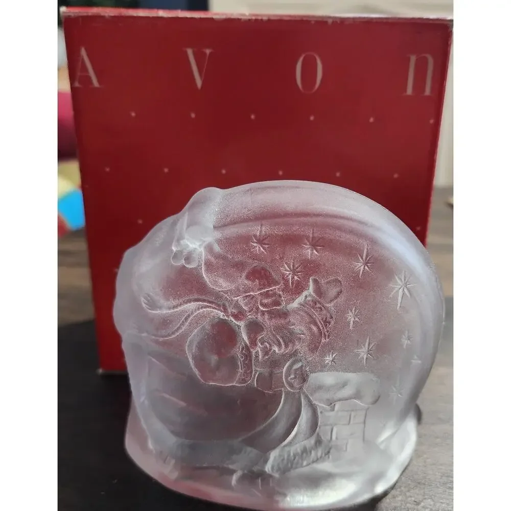 Avon Christmas Santa with Presents Textured Glass Tealight Candle Holder